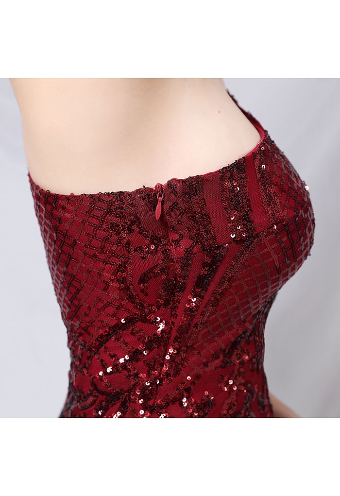 One-Shoulder Floral Lattice Sequined Mesh Gown in Burgundy