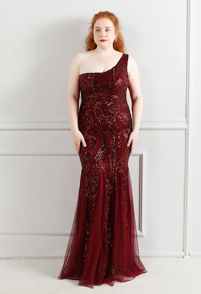 One-Shoulder Floral Lattice Sequined Mesh Gown in Burgundy