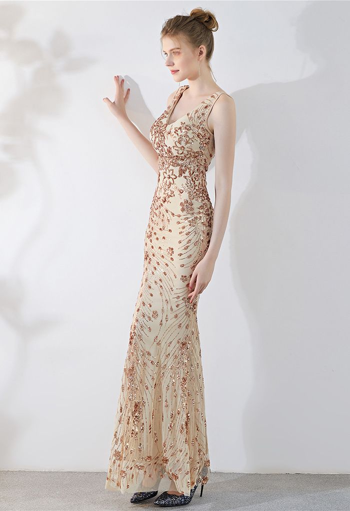 Floral Vine Sequined Mesh Mermaid Gown in Champagne