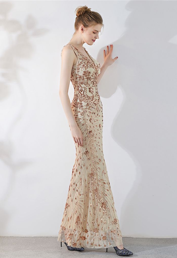 Floral Vine Sequined Mesh Mermaid Gown in Champagne