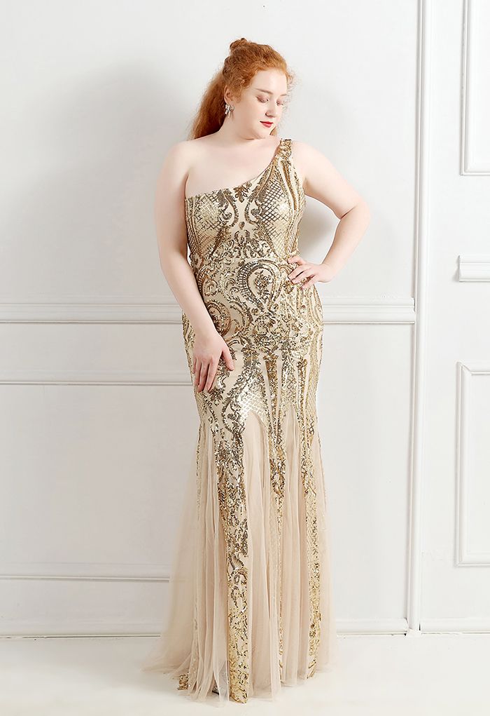 One-Shoulder Floral Lattice Sequined Mesh Gown in Gold