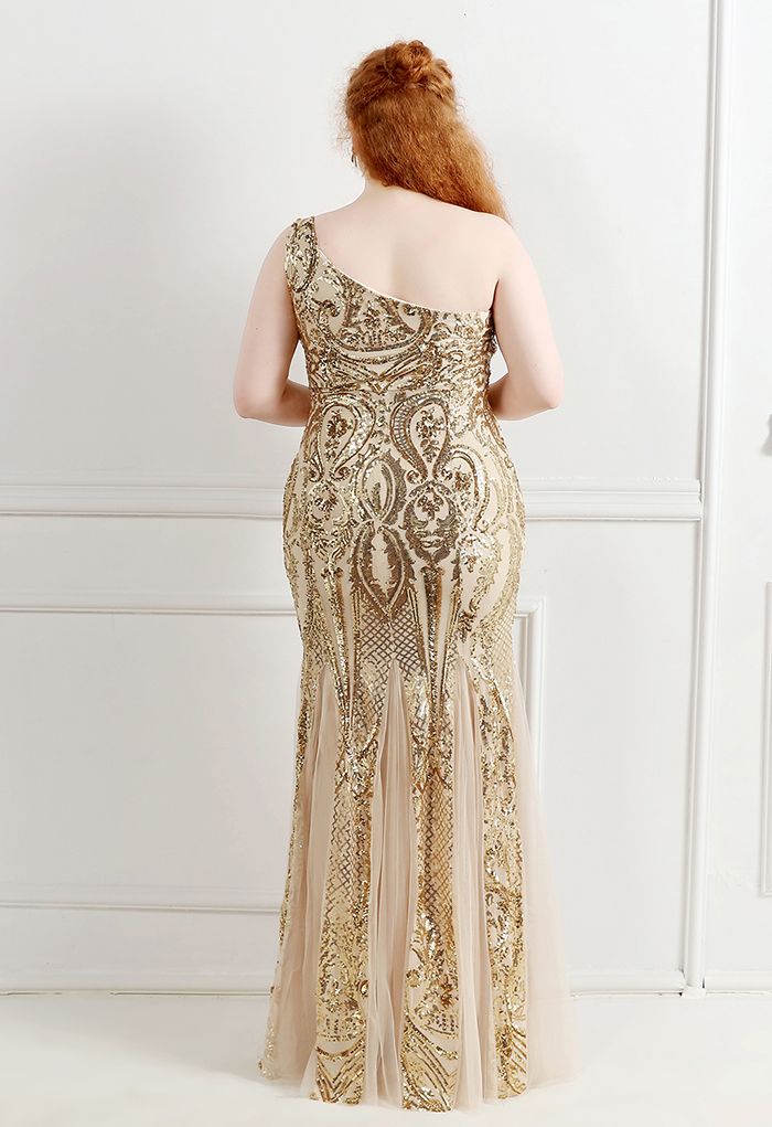 One-Shoulder Floral Lattice Sequined Mesh Gown in Gold