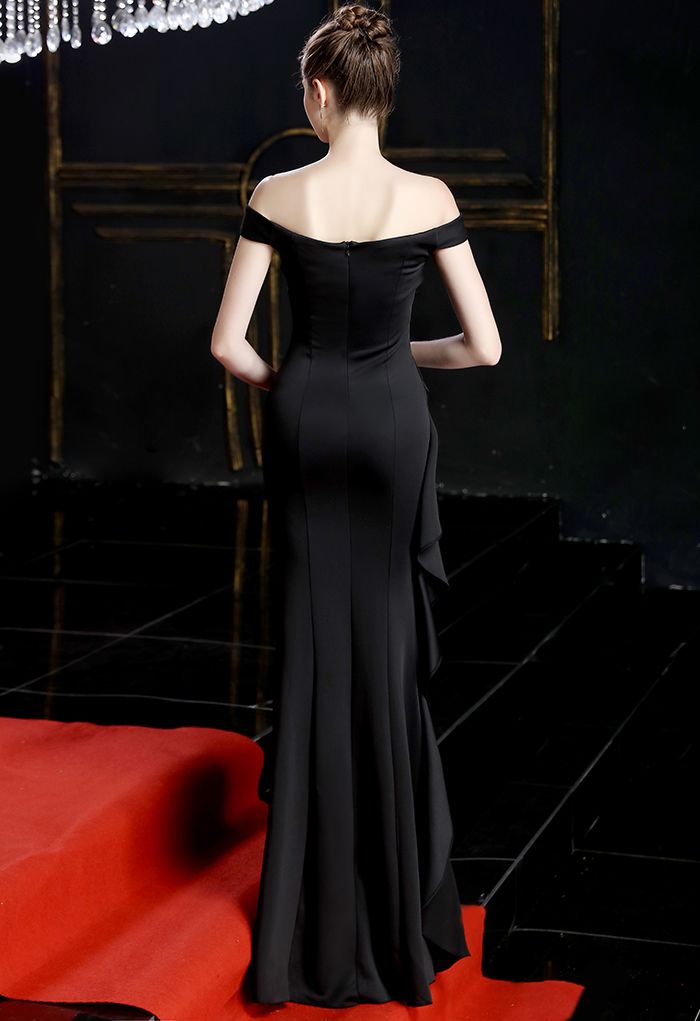 Off-Shoulder Cascade Ruffle Split Satin Gown in Black