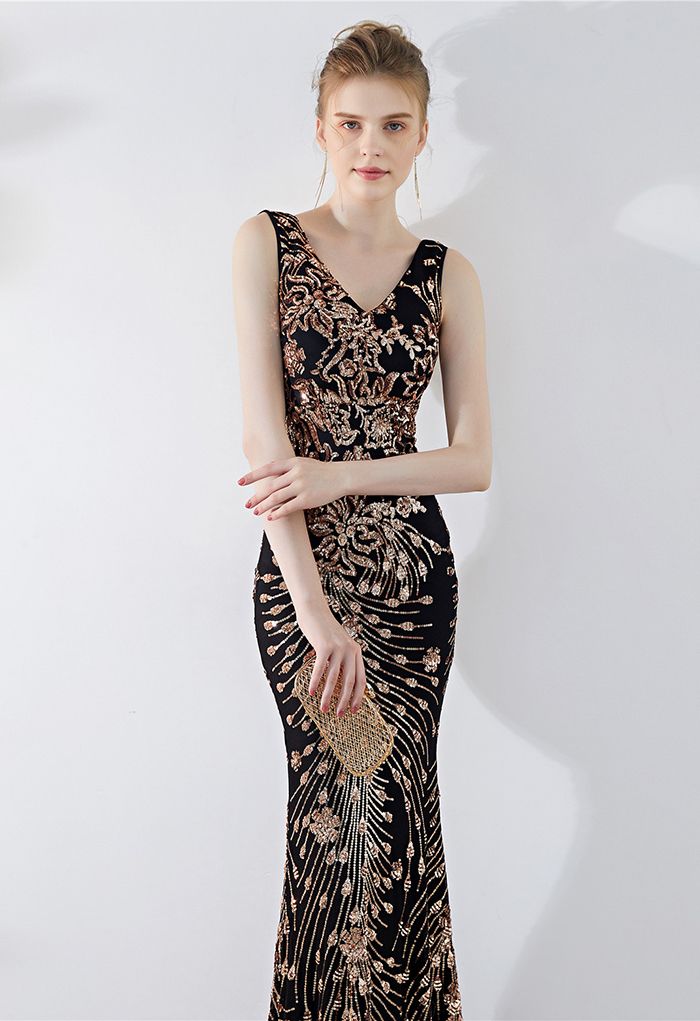 Floral Vine Sequined Mesh Mermaid Gown in Gold