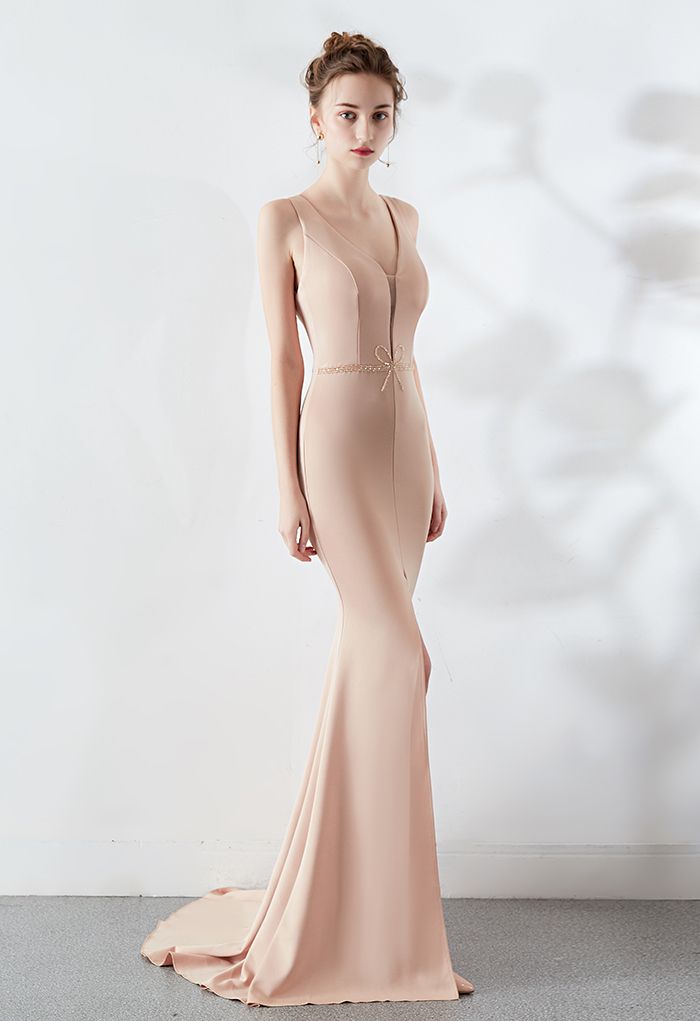 Beaded Bowknot Split Mermaid Satin Gown in Apricot