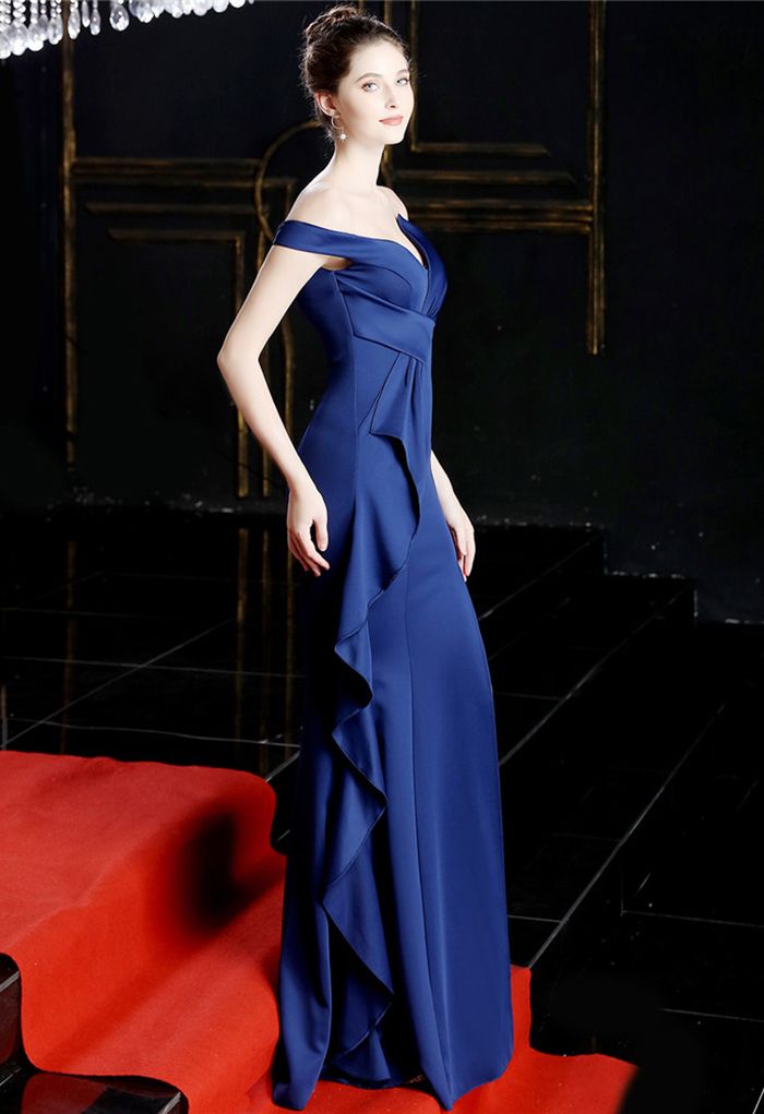 Off-Shoulder Cascade Ruffle Split Satin Gown in Navy