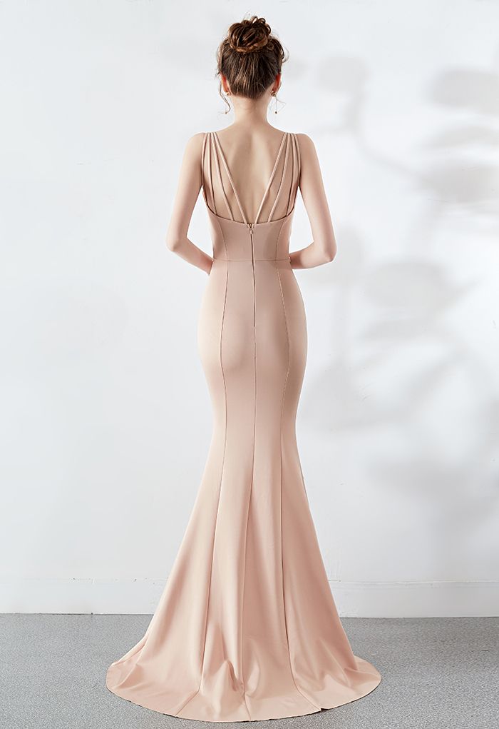 Beaded Bowknot Split Mermaid Satin Gown in Apricot