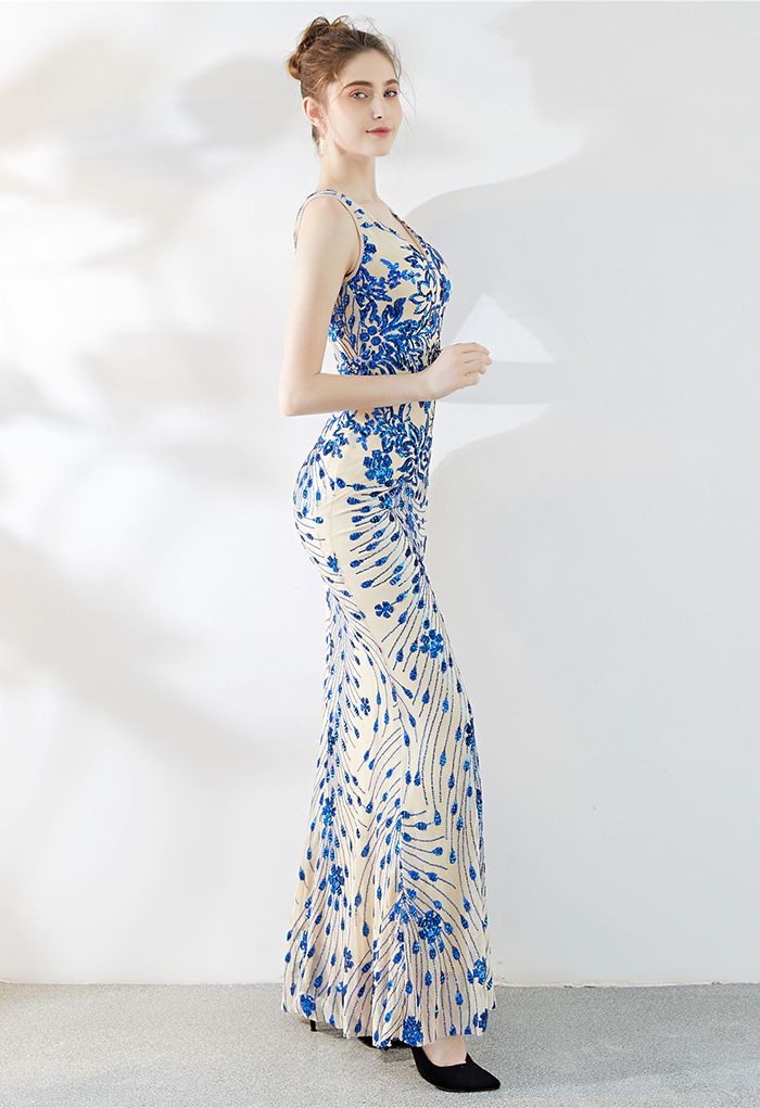 Floral Vine Sequined Mesh Mermaid Gown in Indigo