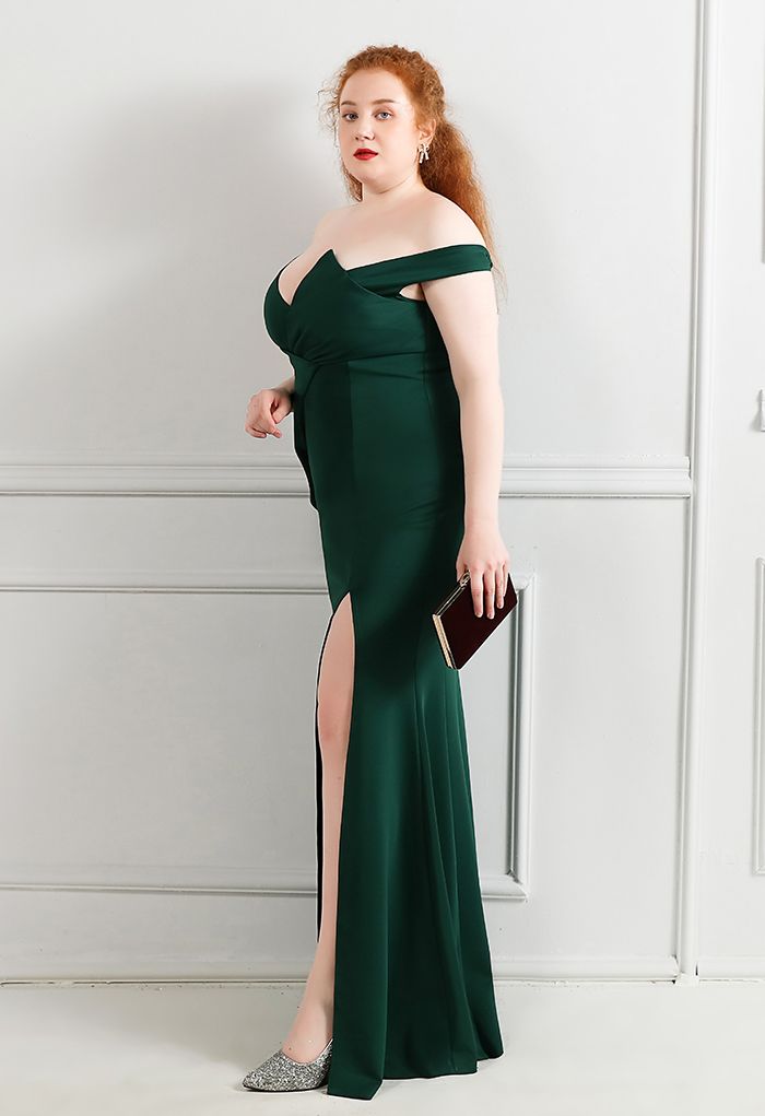 Off-Shoulder Cascade Ruffle Split Satin Gown in Emerald