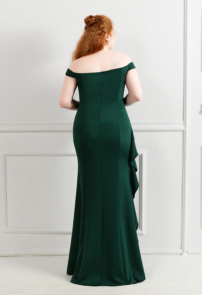 Off-Shoulder Cascade Ruffle Split Satin Gown in Emerald