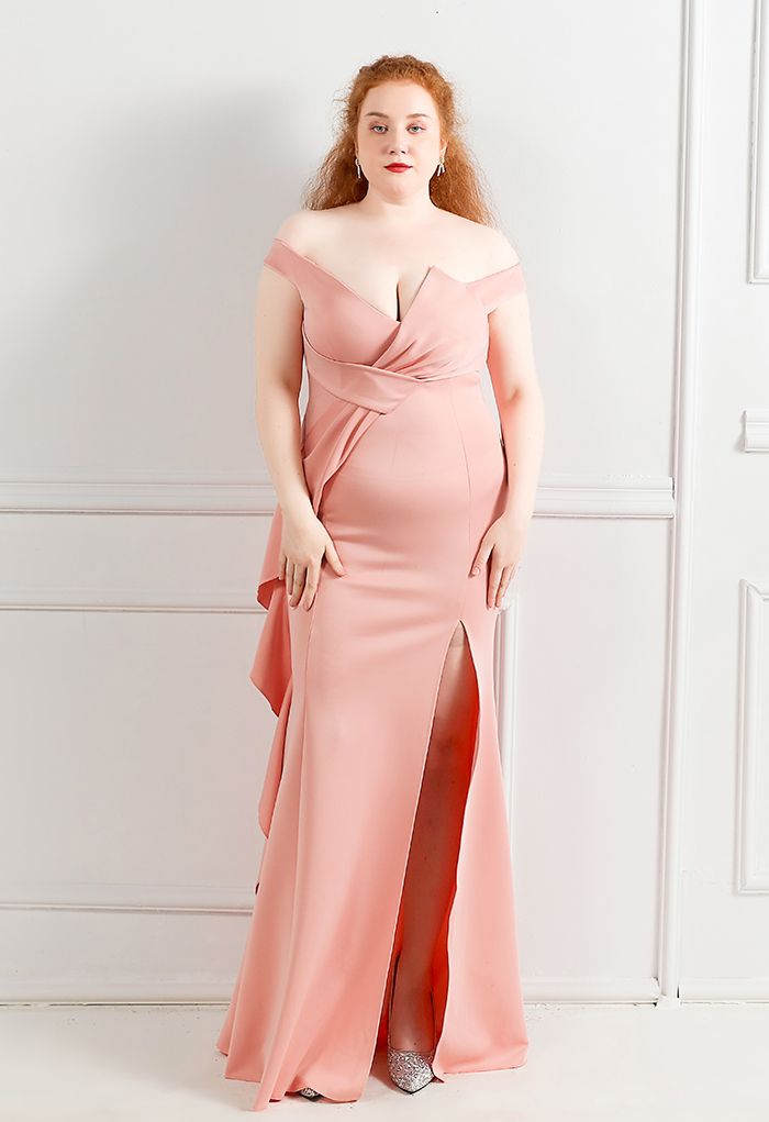 Off-Shoulder Cascade Ruffle Split Satin Gown in Pink