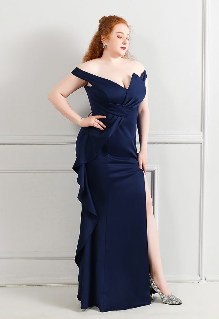 Off-Shoulder Cascade Ruffle Split Satin Gown in Navy