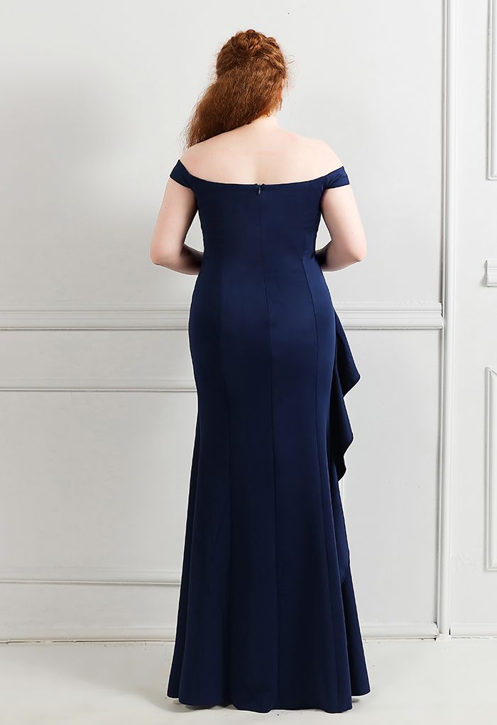 Off-Shoulder Cascade Ruffle Split Satin Gown in Navy