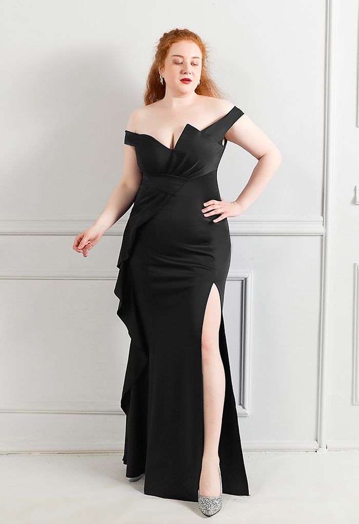 Off-Shoulder Cascade Ruffle Split Satin Gown in Black