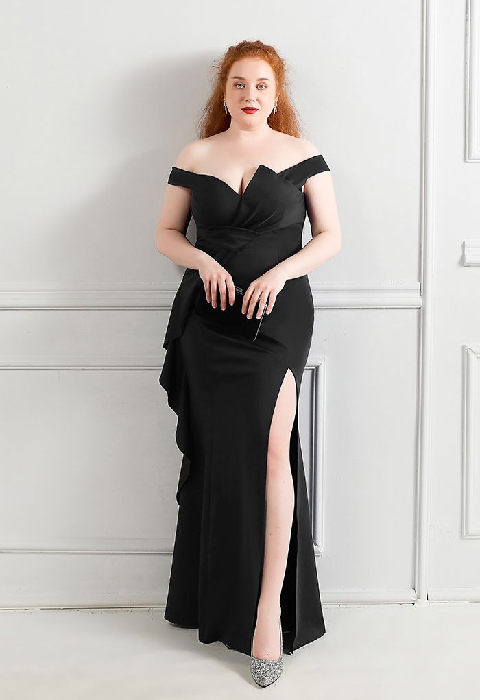 Off-Shoulder Cascade Ruffle Split Satin Gown in Black