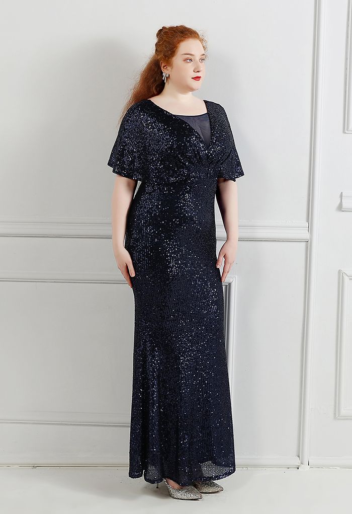 Cape Sleeve Mesh Inserted Sequined Gown in Navy