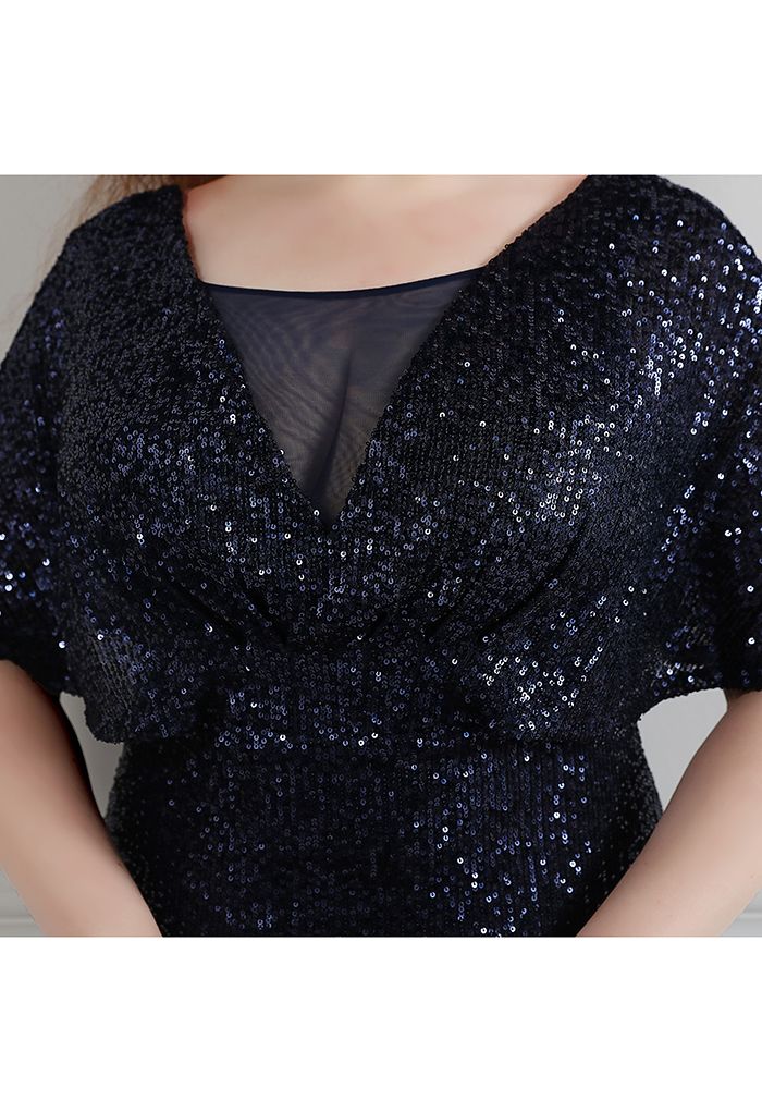 Cape Sleeve Mesh Inserted Sequined Gown in Navy