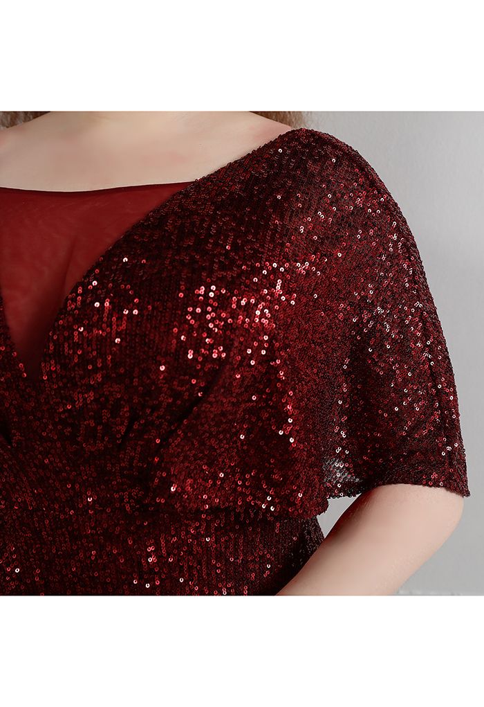 Cape Sleeve Mesh Inserted Sequined Gown in Burgundy