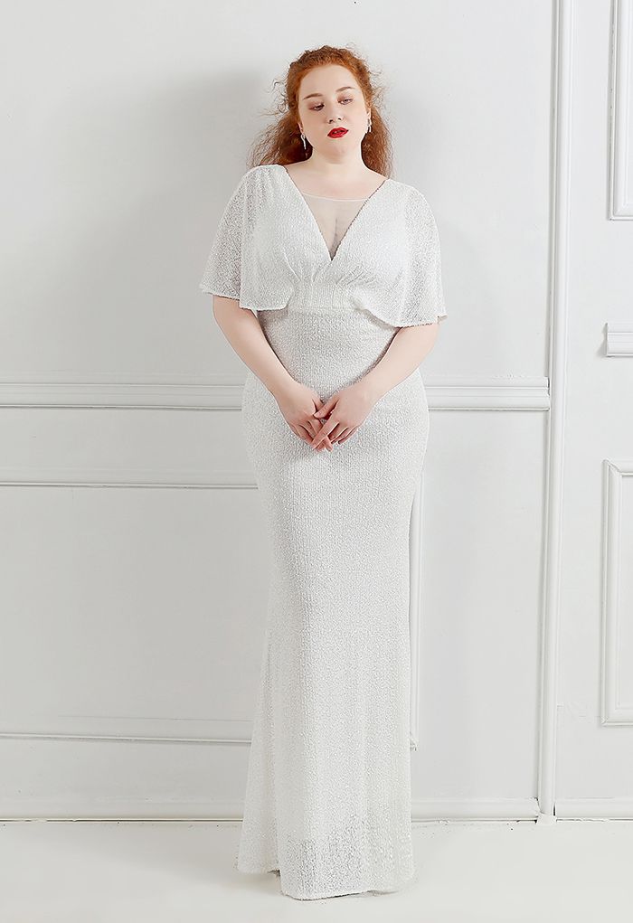 Cape Sleeve Mesh Inserted Sequined Gown in White