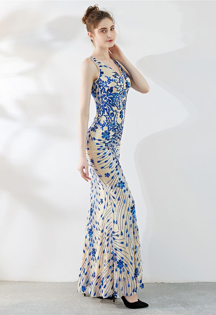 Floral Vine Sequined Mesh Mermaid Gown in Indigo