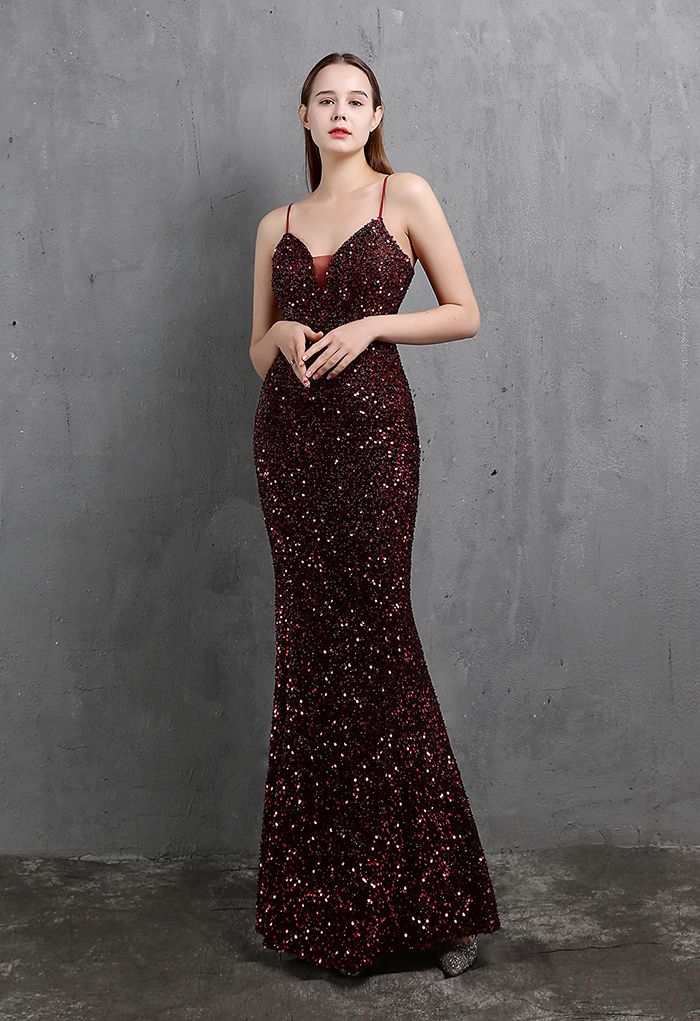 Mesh Inserted Sequined Mermaid Cami Gown in Burgundy