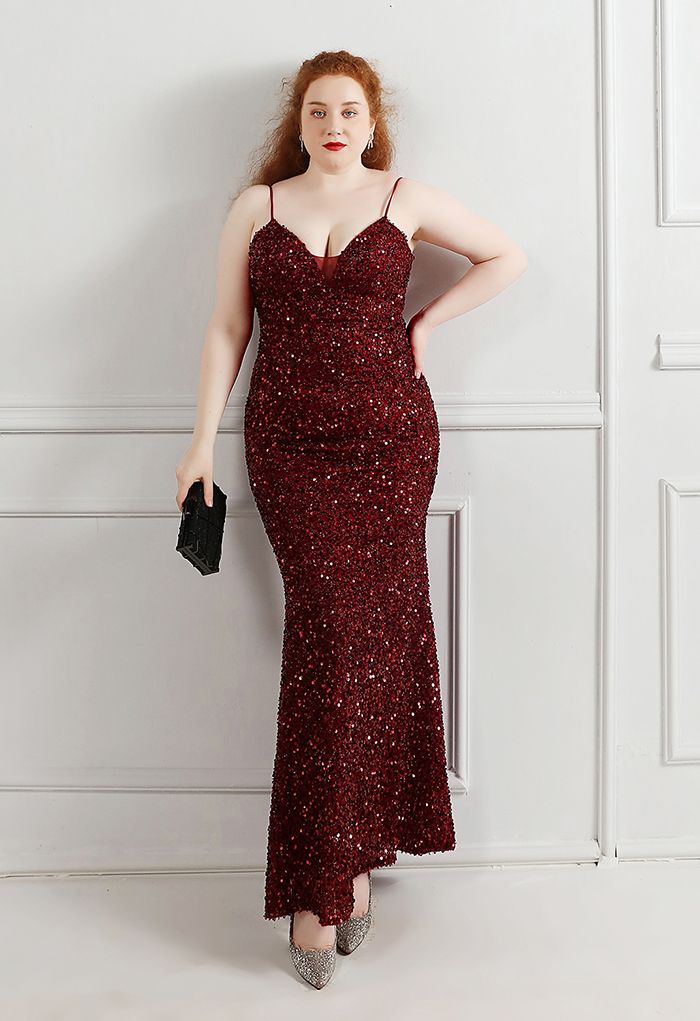 Mesh Inserted Sequined Mermaid Cami Gown in Burgundy