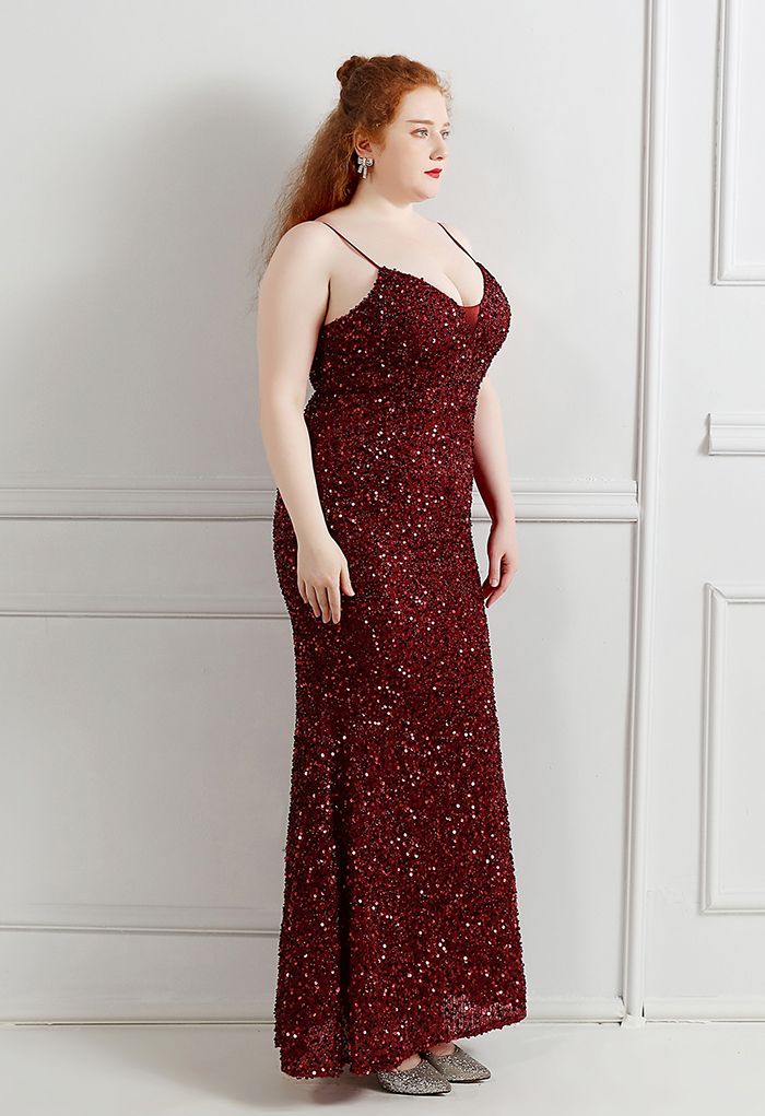 Mesh Inserted Sequined Mermaid Cami Gown in Burgundy