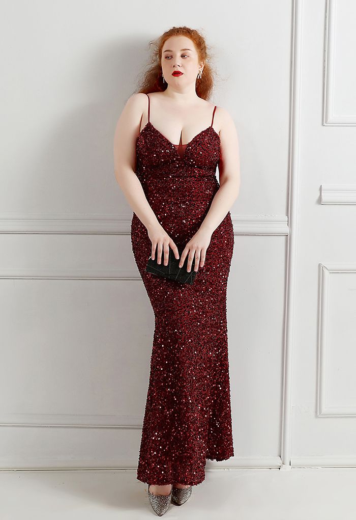 Mesh Inserted Sequined Mermaid Cami Gown in Burgundy