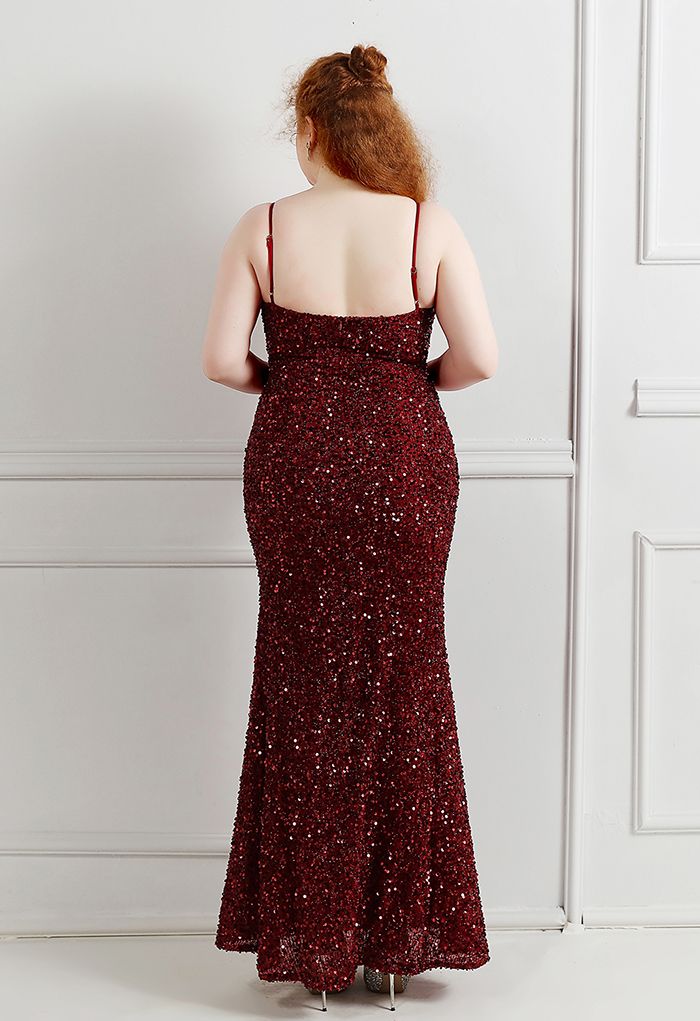 Mesh Inserted Sequined Mermaid Cami Gown in Burgundy