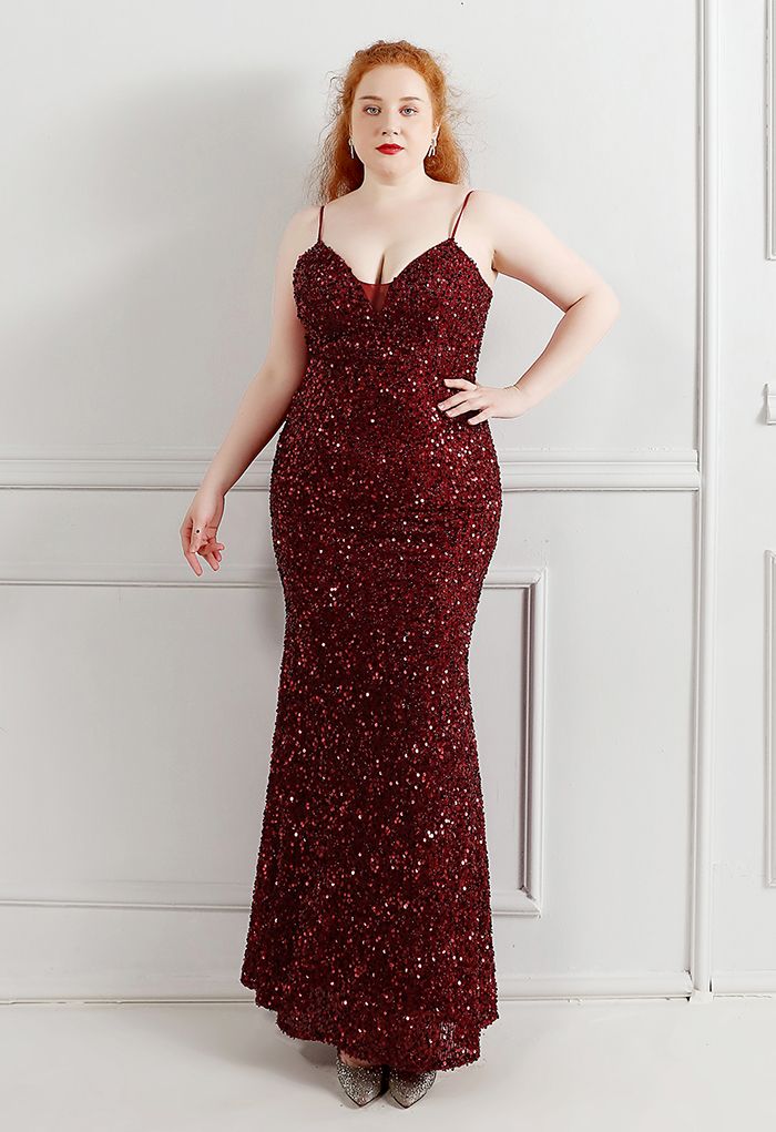 Mesh Inserted Sequined Mermaid Cami Gown in Burgundy