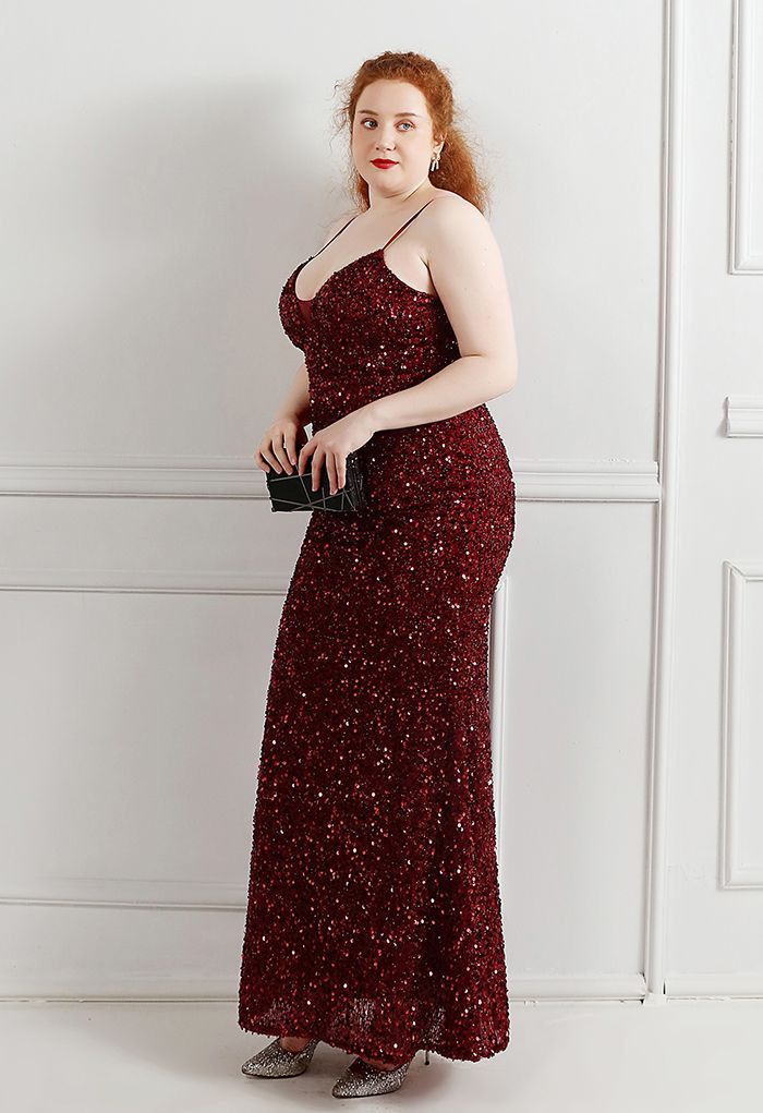 Mesh Inserted Sequined Mermaid Cami Gown in Burgundy