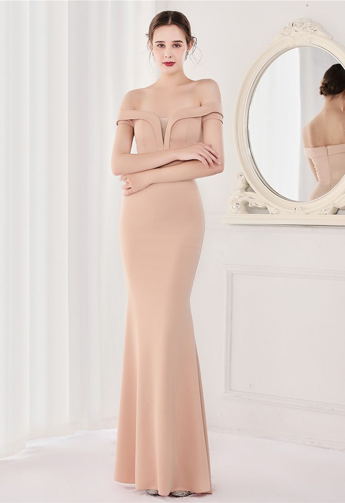 Off-Shoulder Mesh Inserted Satin Gown in Light Tan