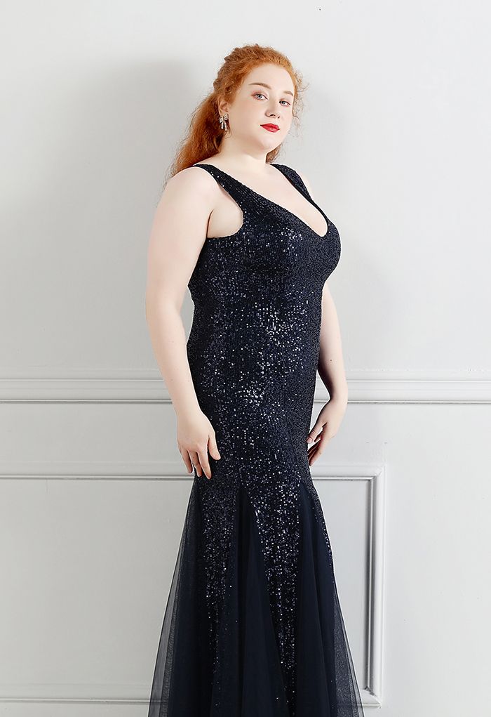 Mesh Panelled Sequined Mermaid Gown in Navy