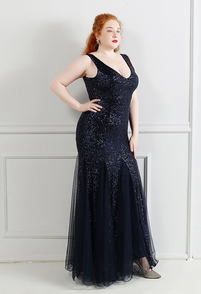 Mesh Panelled Sequined Mermaid Gown in Navy