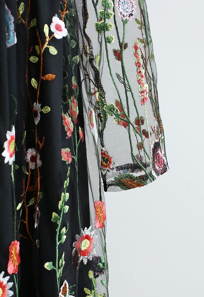 花卉刺繡網紗連身裙-黑色