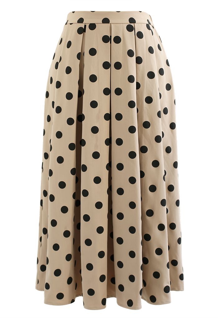 Polka Dot Pleated Midi Skirt in Khaki