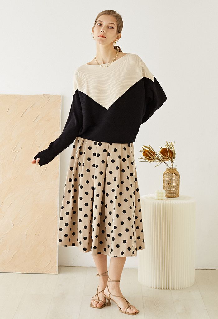 Polka Dot Pleated Midi Skirt in Khaki