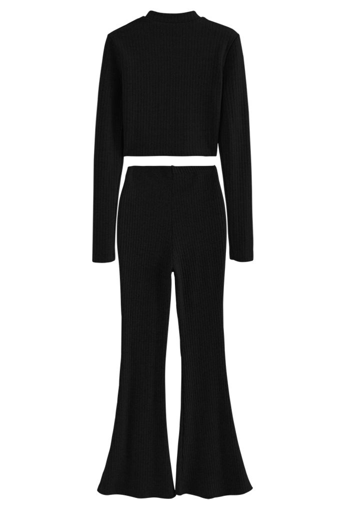 Trendy Soft Crop Top and Flare Pants Set in Black