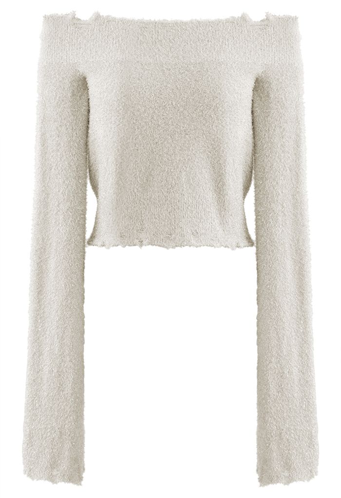 Shimmery Fuzzy Knit Crop Sweater in Light Grey