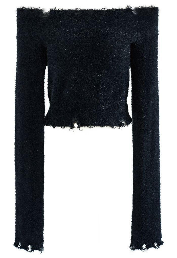 Shimmery Fuzzy Knit Crop Sweater in Black