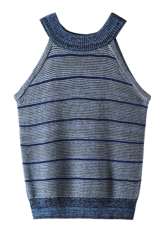 Buttoned Halter Neck Striped Knit Tank Top