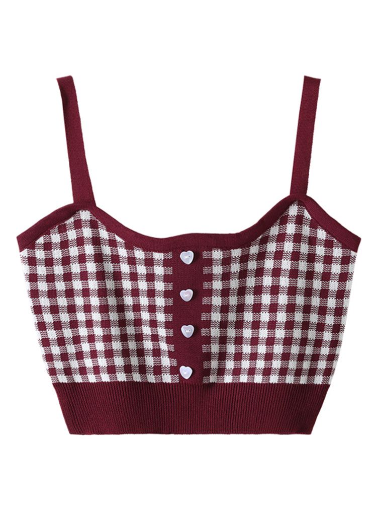 Heart Button Gingham Knit Cami Top in Burgundy
