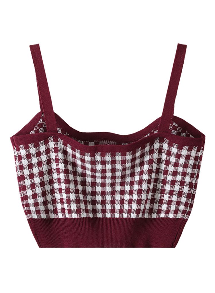 Heart Button Gingham Knit Cami Top in Burgundy