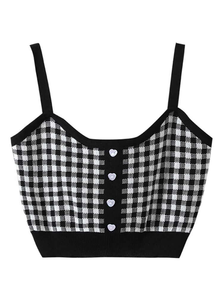 Heart Button Gingham Knit Cami Top in Black