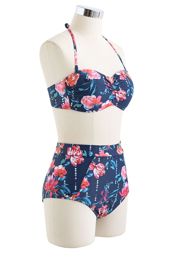 Floral Halter Neck Navy Blue Bikini Set