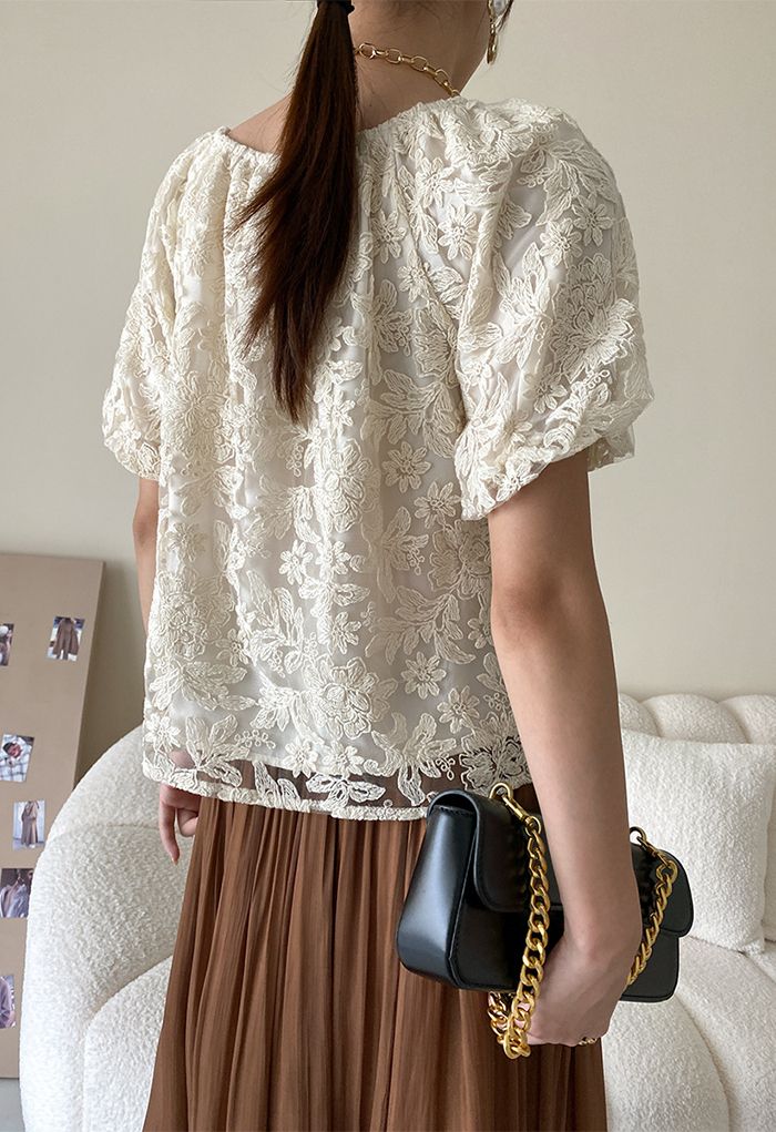 Embroidered Floral Puff Sleeve Lace Top
