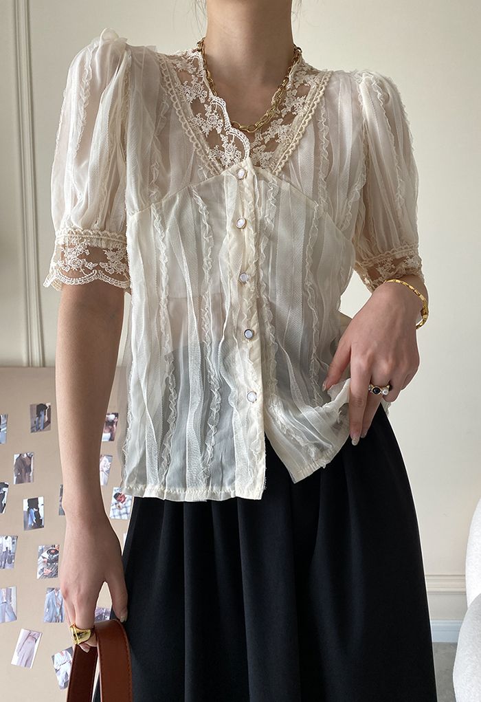Ruffle Lace Embroidered Flower Top