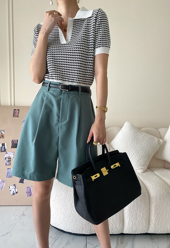 Short Sleeve Collared Crop Knit Top