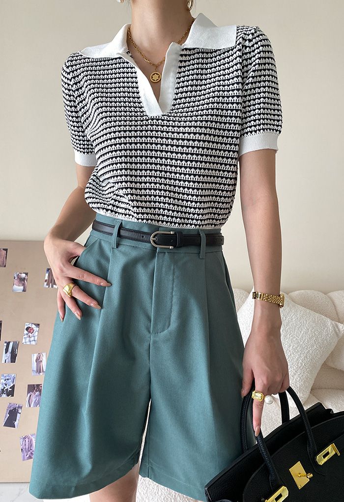 Short Sleeve Collared Crop Knit Top