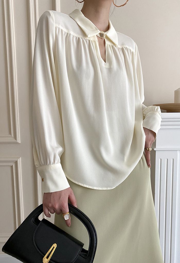 Long Sleeve Collared Shirt in Cream